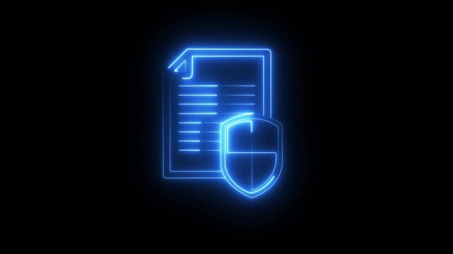 Neon glowing document and shield for cybersecurity and data protection concepts