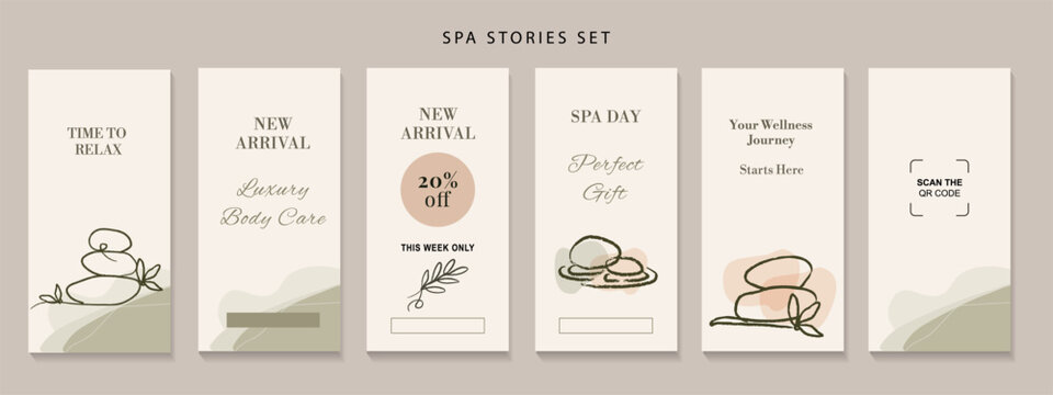 Spa social media story template set. Six vertical minimalist banners with zen stones line art and pastel organic shapes. Boho design for wellness, massage, and beauty salon marketing.