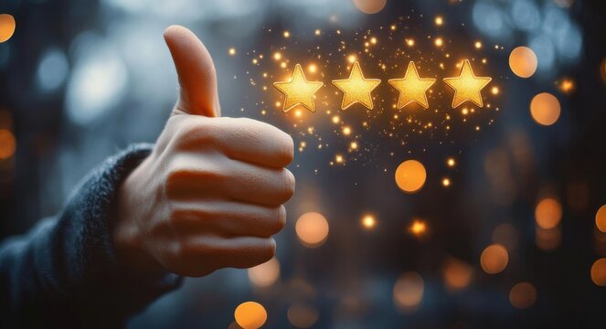 hand giving a thumbs up beside four glowing gold stars with sparkling particles and warm bokeh lights in a blurred background conveying approval and satisfaction