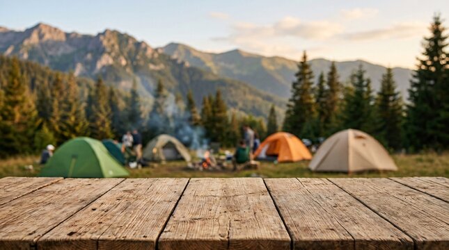 Empty wooden surface table in sharp focus perfect for product display with a blurred background showing a scenic mountain campsite with colorful tents.