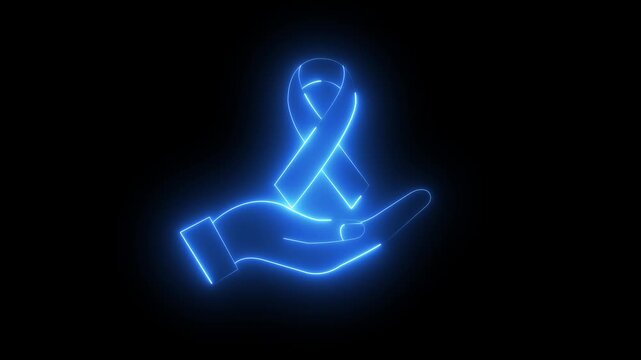 Glowing blue awareness ribbon held in hand neon animation for healthcare and charity campaigns