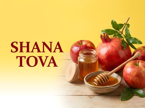 Rosh Hashanah greeting card with apples and honey. Jewish New Year celebration