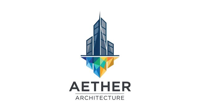 Aether architecture logo with modern buildings and abstract colorful reflection.