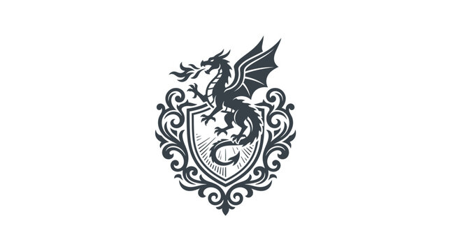 Fire breathing dragon emblem inside ornate heraldic shield.