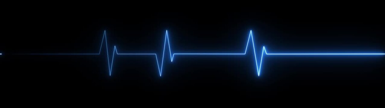 A vibrant blue neon electrocardiogram line displaying a healthy heart rhythm with distinct peaks and valleys, glowing brightly against a dark black background, symbolizing life, health, and medical