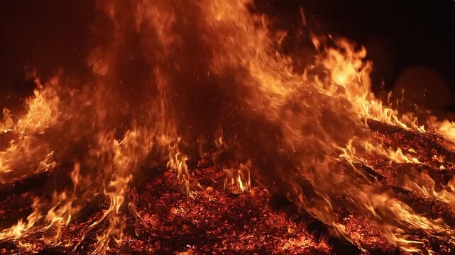Intense bonfire flames burning bright in the dark night with glowing embers fire heat hot