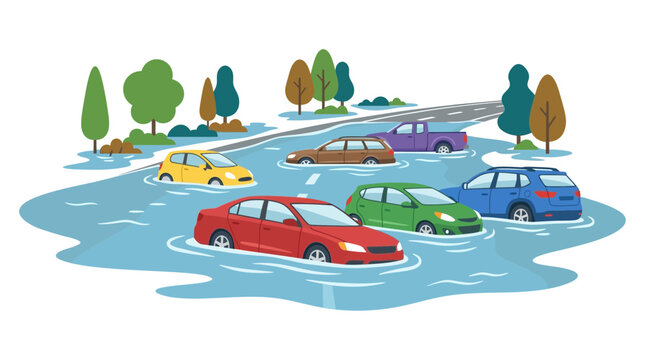 Cars Stranded in Flooded Street After Heavy Rainfall