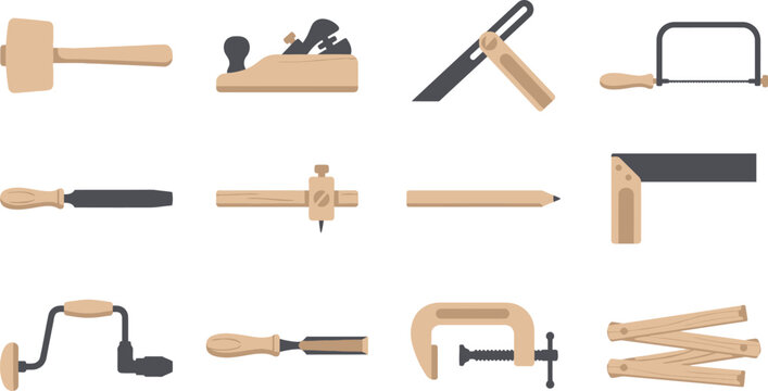 Set of vintage carpentry and woodworking hand tools in a clean flat Scandinavian vector style for construction