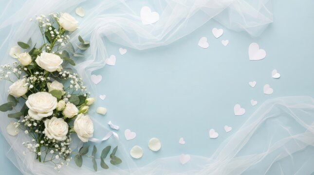 White roses and soft fabric veil with paper hearts on light blue background for wedding concept