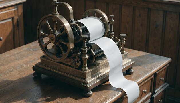 Vintage Brass Stock Ticker Machine With Blank Paper Roll Sitting On A Dark Wooden Desk Office Setup