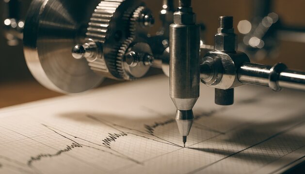 Vintage Mechanical Polygraph Machine Recording Sharp Signal Waves On Paper With Metallic Gear Detail