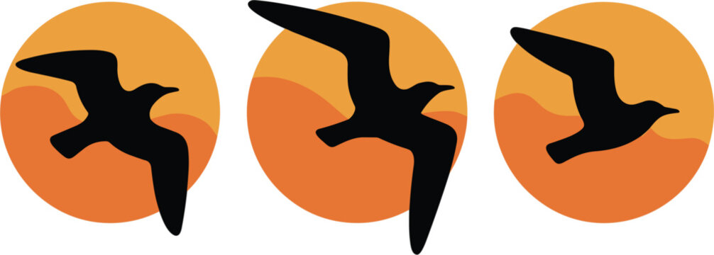 Flying seagull silhouettes at sunset vector illustration, bird flying in front of sun circles set, marine wildlife travel design