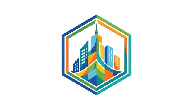Professional skyscraper logo design inside hexagonal border with bright gradient colors.