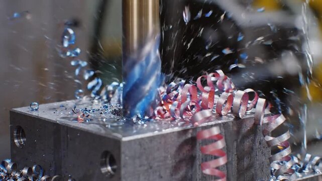 CNC Drilling Machine Processing Metal Block with Coolant