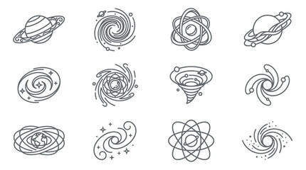 Linear astronomy icons featuring galaxies and solar systems. © surya