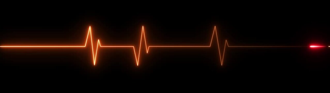 A bright orange neon electrocardiogram line with a small red glowing segment on one of the peaks, against a black background, symbolizing a vital sign or a critical point in a heart rhythm