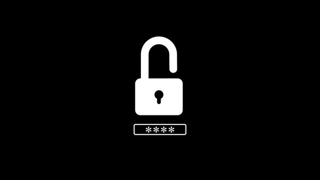 Cybersecurity Unlock Icon with Password Animation. Unlocked Padlock Security Concept on Black Background
