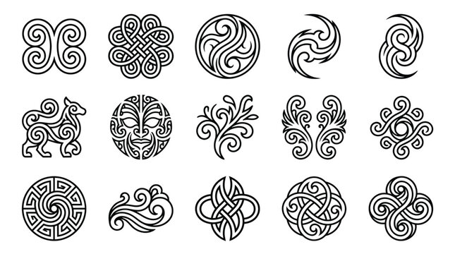 Polynesian tribal tattoo icons and cultural ethnic symbols.