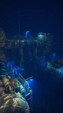 Deep Sea Industrial Research Base with Glowing Blue Lights