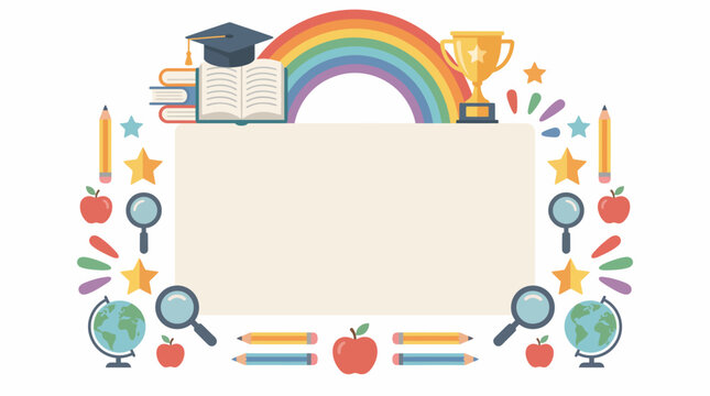 Back to school colorful frame with educational icons, supplies, and rainbow border design for banner backgrounds