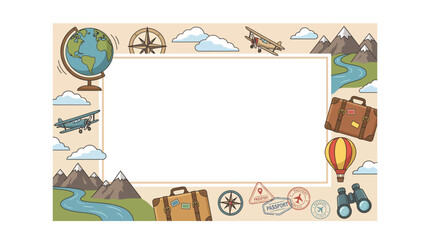 Fototapeta premium Creative Back to School Educational Frame with Travel Elements including Globe, Airplane, and Mountains for Geography Lessons
