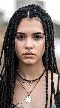Young woman portrait. Braided hair, layered necklaces, a septum piercing, with a blurry urban background