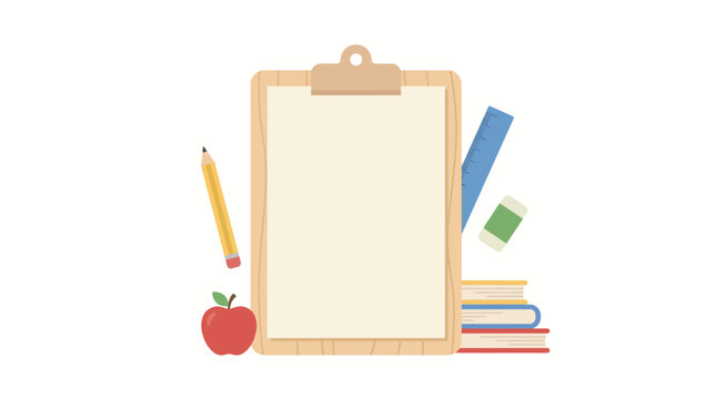 Back to school flat illustration with a clipboard notepad surrounded by educational stationery items and a red apple for classroom learning