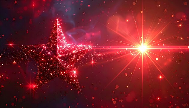 Sparkling red starburst with glowing light effect and falling confetti, festive celebration background