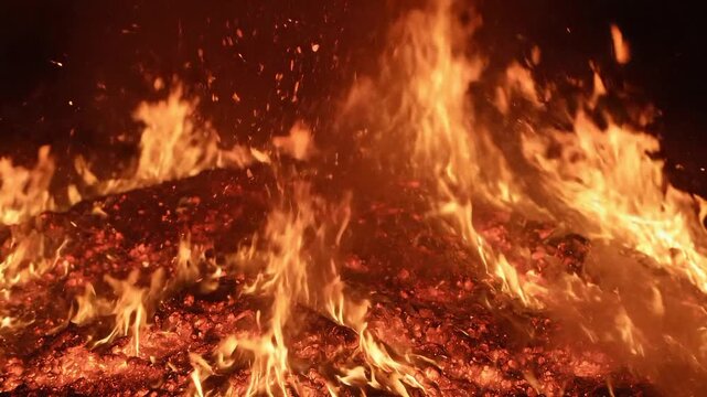 Intense bonfire flames and hot glowing embers at night fire burning heat orange firewood