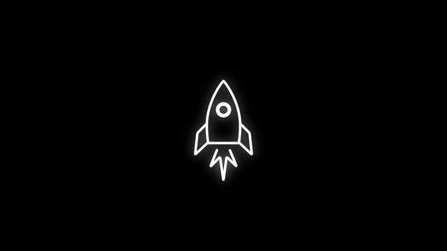 A white neon outline of a rocket ship launching with stylized flames emanating from its base against a solid black background symbolizing space travel and innovation in darkness