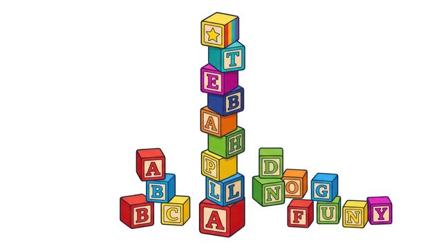 Alphabet blocks stacked into towers and formations on white background for creative learning.