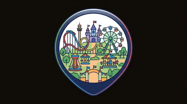 Colorful theme park location pin icon with castle roller coaster and ferris wheel symbol.