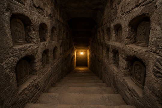 Narrow stone staircase descending into dimness, burial niches lining walls.
