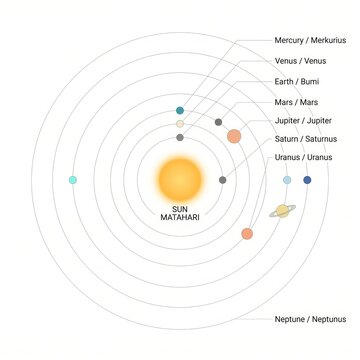 A clean and modern bilingual solar system infographic featuring both English and Indonesian planet names. Designed for clarity and accessibility, this minimal layout presents labeled planets, precise 