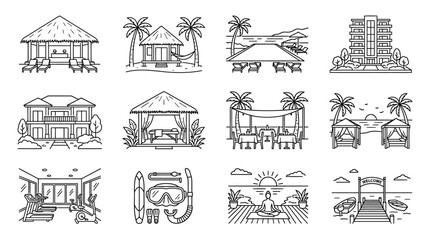 Fototapeta premium Tropical resort vacation and travel outline icon collection.