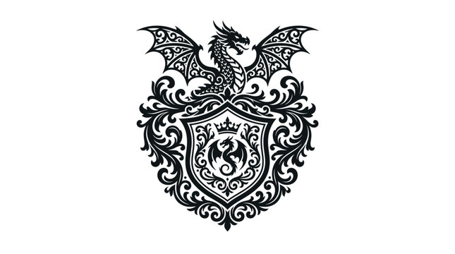 Winged dragon coat of arms with complex scrollwork.