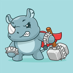 cute cartoon rhino warrior wearing spiked gauntlets and a red cape, gripping a heavy spiked hammer. Playful mascot illustration ideal for games, logos, children’s books, branding, and character design © kancut