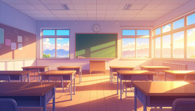 黄金色の夕日が窓から差し込む誰もいない放課後の教室アニメイラスト背景