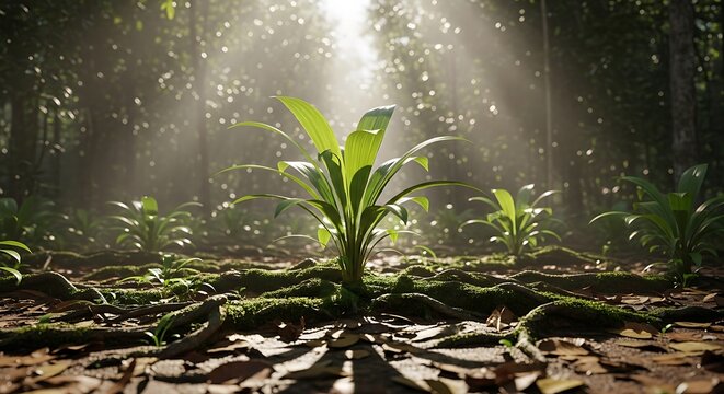 Copaifera officinalis sapling growing on the mossy forest floor in a lush tropical rainforest environment with sunlight filtering through the trees above