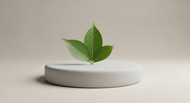 Copaifera officinalis leaves displayed on a minimal concrete podium set against a neutral beige background representing natural beauty and wellness