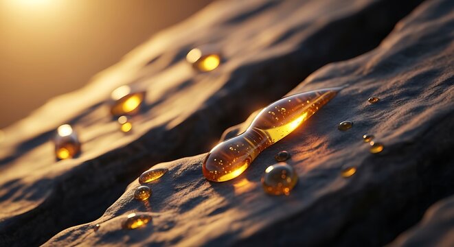 A close-up view of golden copaifera officinalis resin drops glistening on a textured stone surface under warm sunlight, showcasing natural herbal extracts.