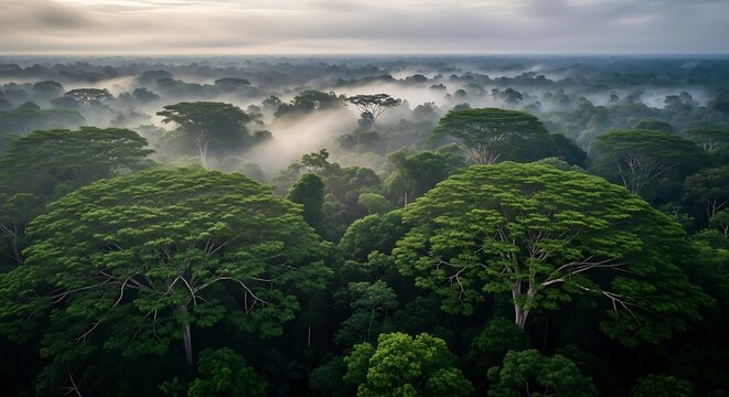 A serene aerial view of a dense tropical rainforest canopy featuring Copaifera officinalis trees shrouded in morning mist at dawn in the Amazon basin