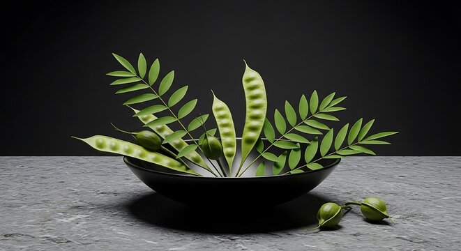 Copaifera officinalis plant components displayed elegantly in a minimalist black bowl set against a modern dark stone background for botanical research