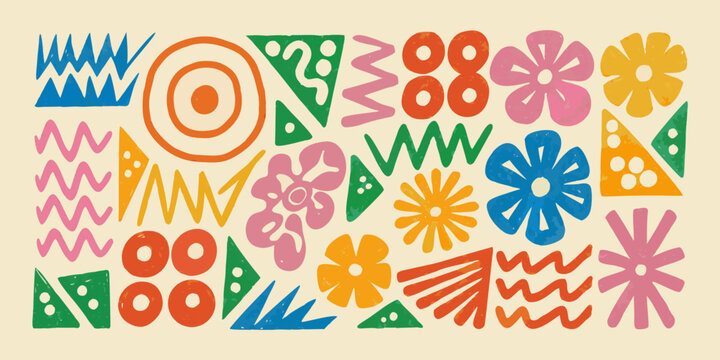 colorful abstract folk art shapes and doodles on beige background pattern triangle circle flower zigzag vector illustration hand drawn retro