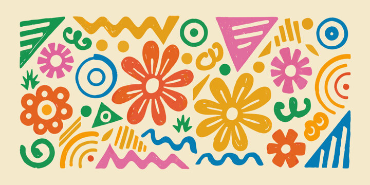 colorful abstract folk art shapes and doodles on beige background pattern flowers zigzag circles triangles spiral dots vector illustration hand drawn