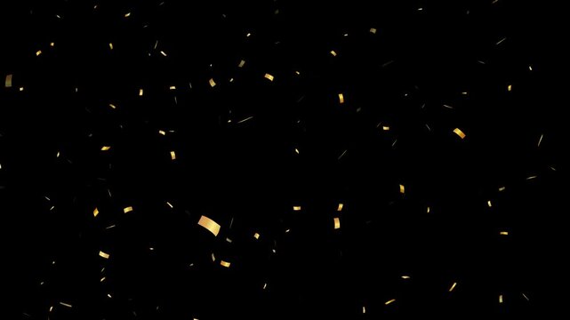 Gold festive confetti explosions fall on a black and green background.
golden confetti explosion black background 3d animation. gold confetti slow motion overlay. Alpha animation. Slow motion.