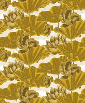 Seamless Japanese style background with golden lotus flowers and leaves featuring a sublime botanical pattern in ivory and gold