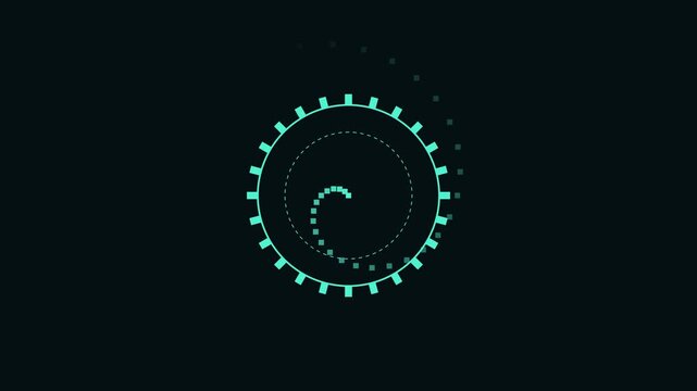 Digital hud loading circle animation with rotating pixel spiral and gear interface 4k