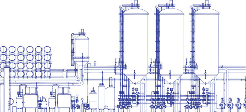 Industrial Alcohol Distillery Factory Interior with Large Fermentation Tanks, Pipe and Valve Network, Vector Line Art Illustration