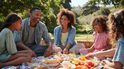 Fototapeta premium Family enjoying a picnic in a sunny park with fresh fruit and drinks spread out on a blanket during a beautiful summer day.